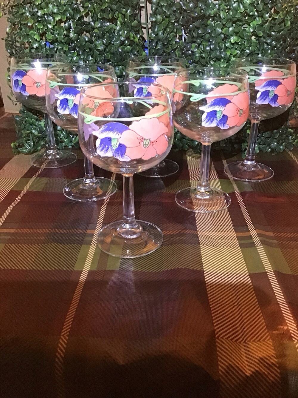 Villeroy & Boch AMAPOLA Wine Glasses Orange Blue Poppies 6.5" 10oz Set of 6